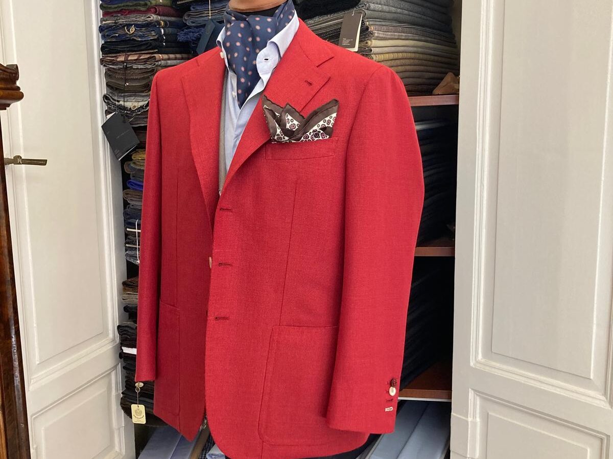 Giacca mattina rossa finto 3 bottoni sartoria napoletana antonelli made in italy handmade tailor