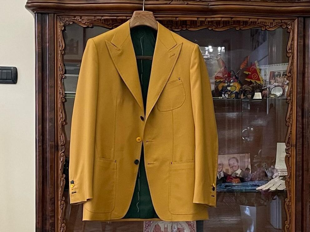 Giacca mattina ocra 3 bottoni sartoria napoletana antonelli made in italy handmade tailor